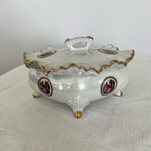 Porcelain Footed Trinket Box Iridescent Oval Diamond Shaped Fine China 6”